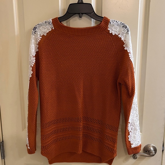 Listicle Sweaters - Listicle Burnt Orange Sweater with White Lace Accents